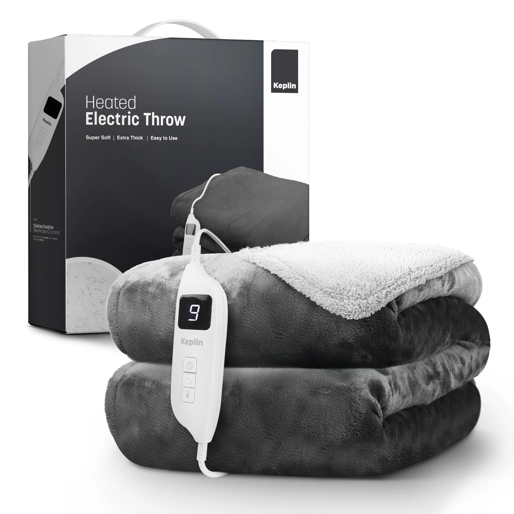 Electric Heated Throw Blanket - Machine Washable Fleece Wool Duvet, 9 Heat Settings & Timer