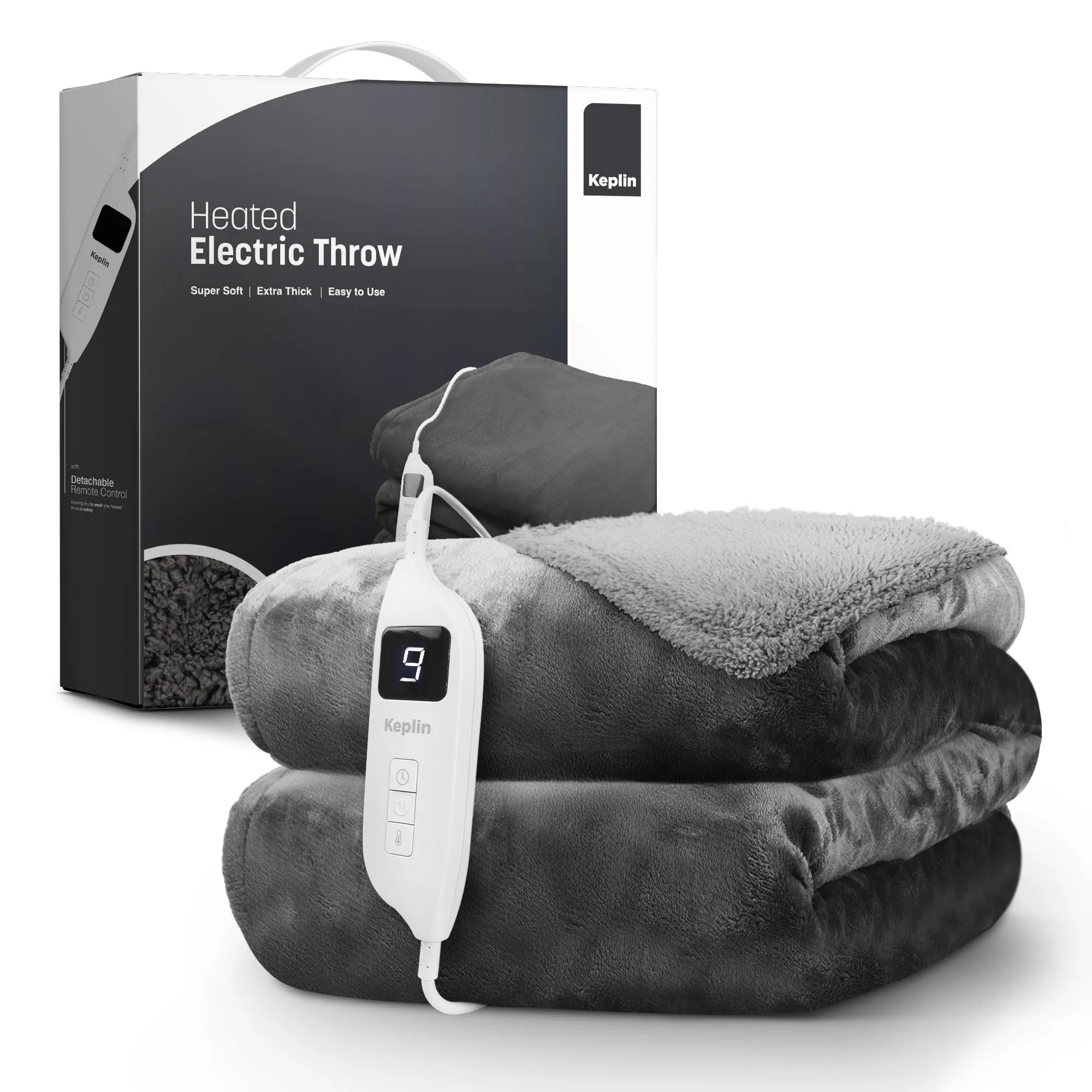 Electric Heated Throw Blanket - Machine Washable Fleece Wool Duvet, 9 Heat Settings & Timer