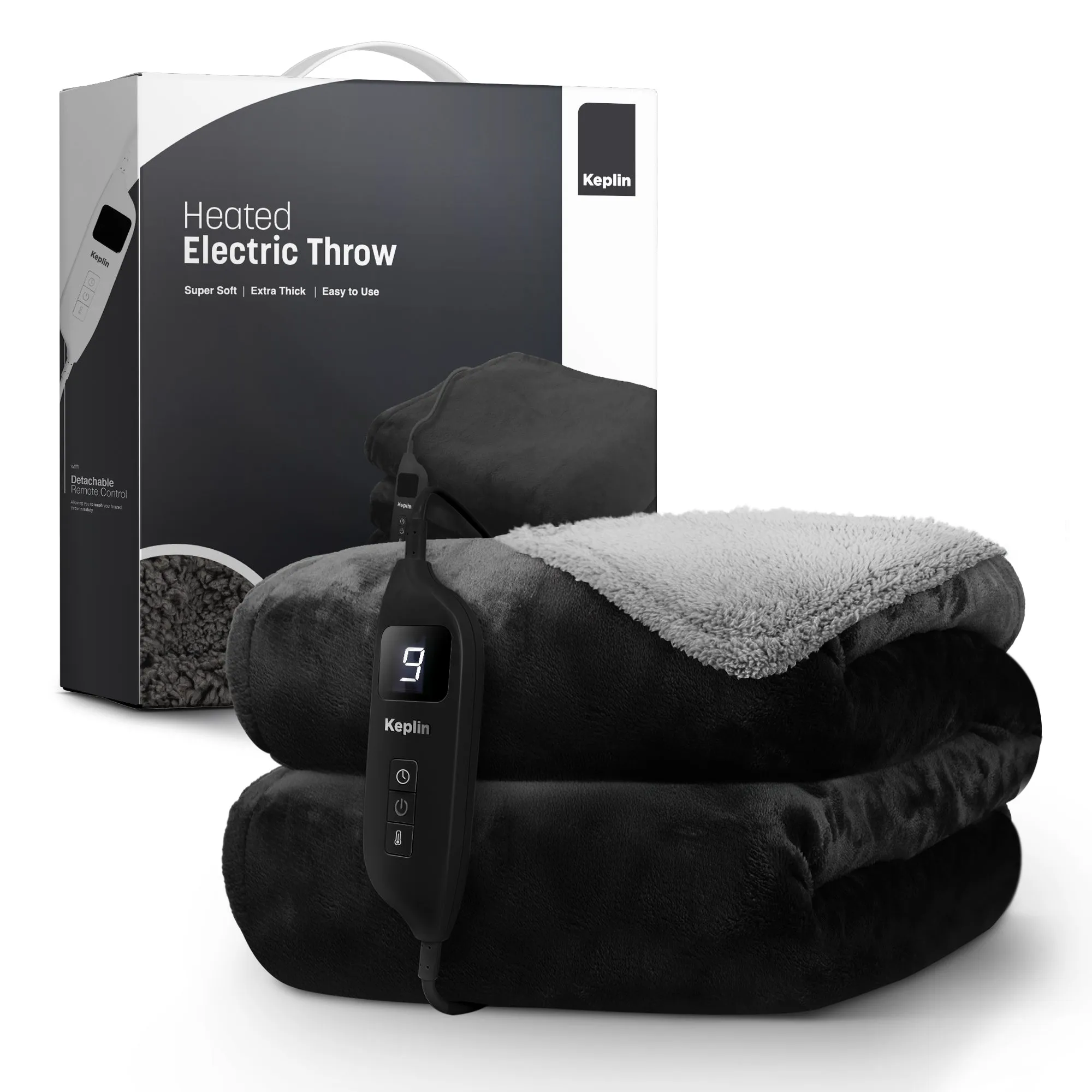 Electric Heated Throw Blanket - Machine Washable Fleece Wool Duvet, 9 Heat Settings & Timer