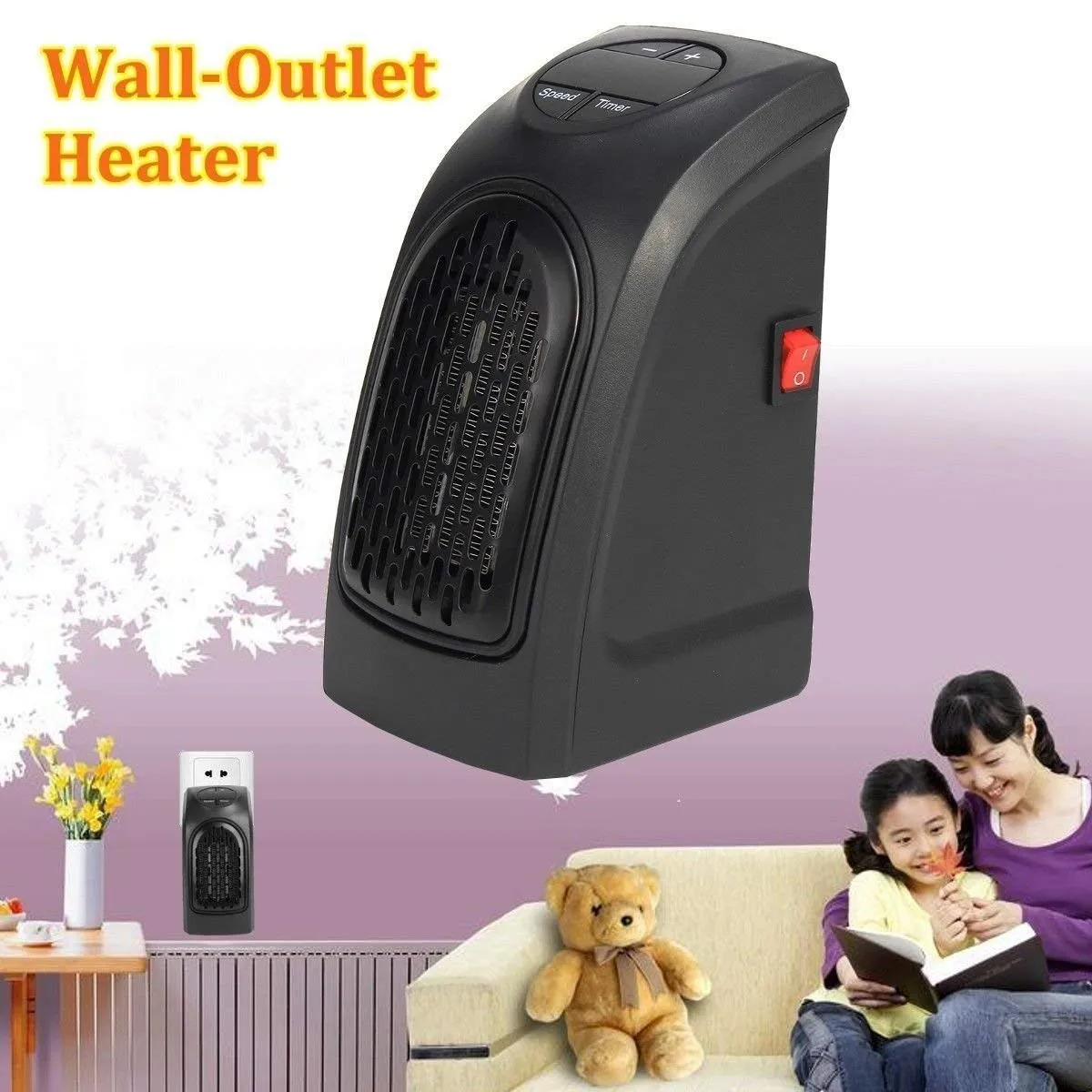 Electric Room Heater Compact Plug-in Wall Outlet Space Heater 400Watts Handy Air Warmer Blower Adjustable Timer Digital Display