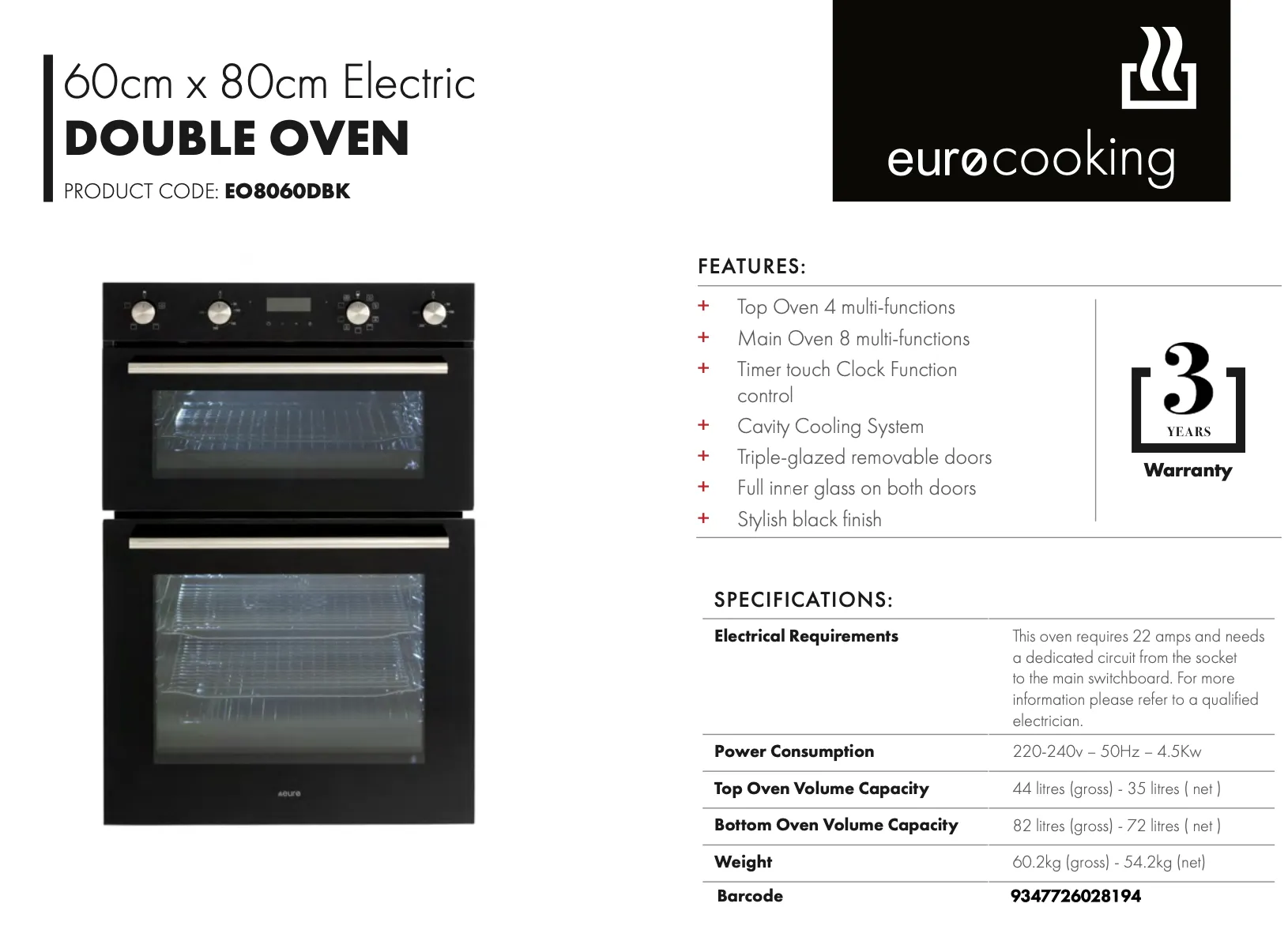 Euro Appliances EO8060DBK Black Glass Electric Multifunction Duo Wall Oven - Special Order