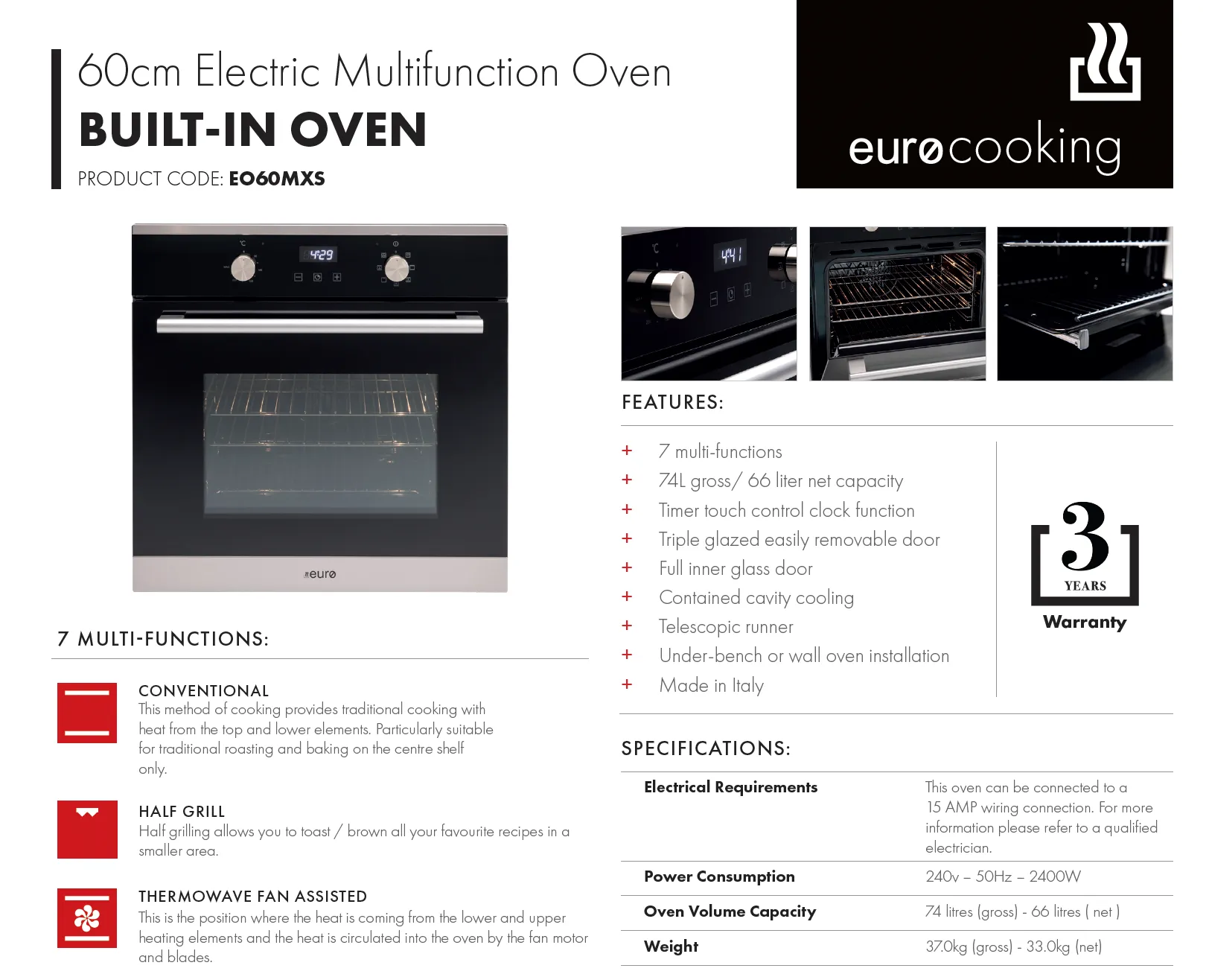 Euro Appliances Premium Series EO60MXS Italian Made Electric Oven - Clearance Discount