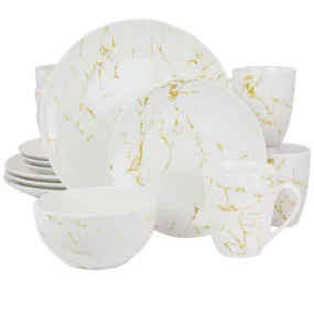 Fine Marble Stoneware Dinnerware Set, Gold & White - 16 Piece