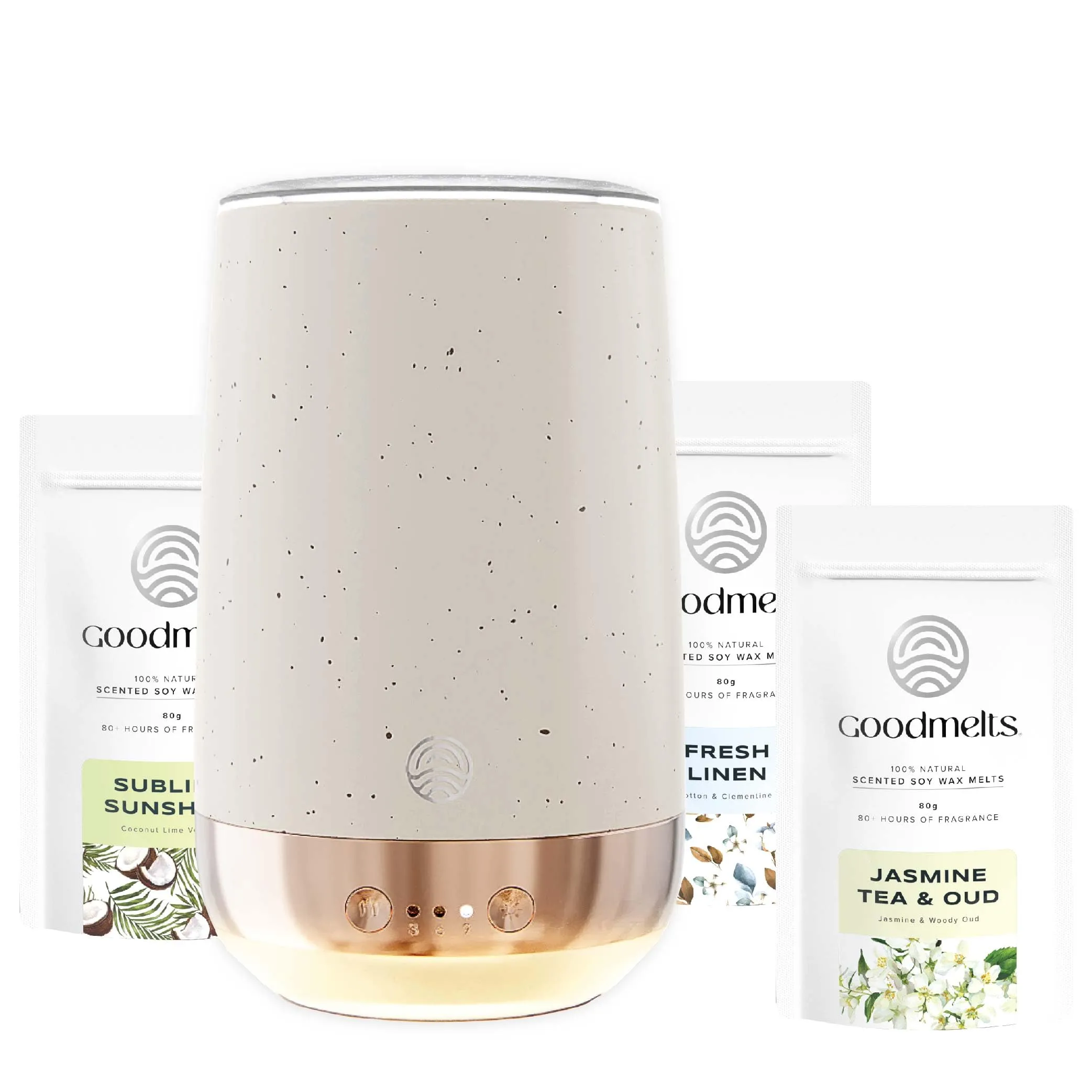 GOODMELTS Speckled White Wax Melting Starter Kit - Ceramic Aroma Diffuser with 1 Wax Warmer & 3 Scented Soy Wax Melts (240  Hours Scent Time) - Safe, Smoke-Free, Natural Fragrance for Home