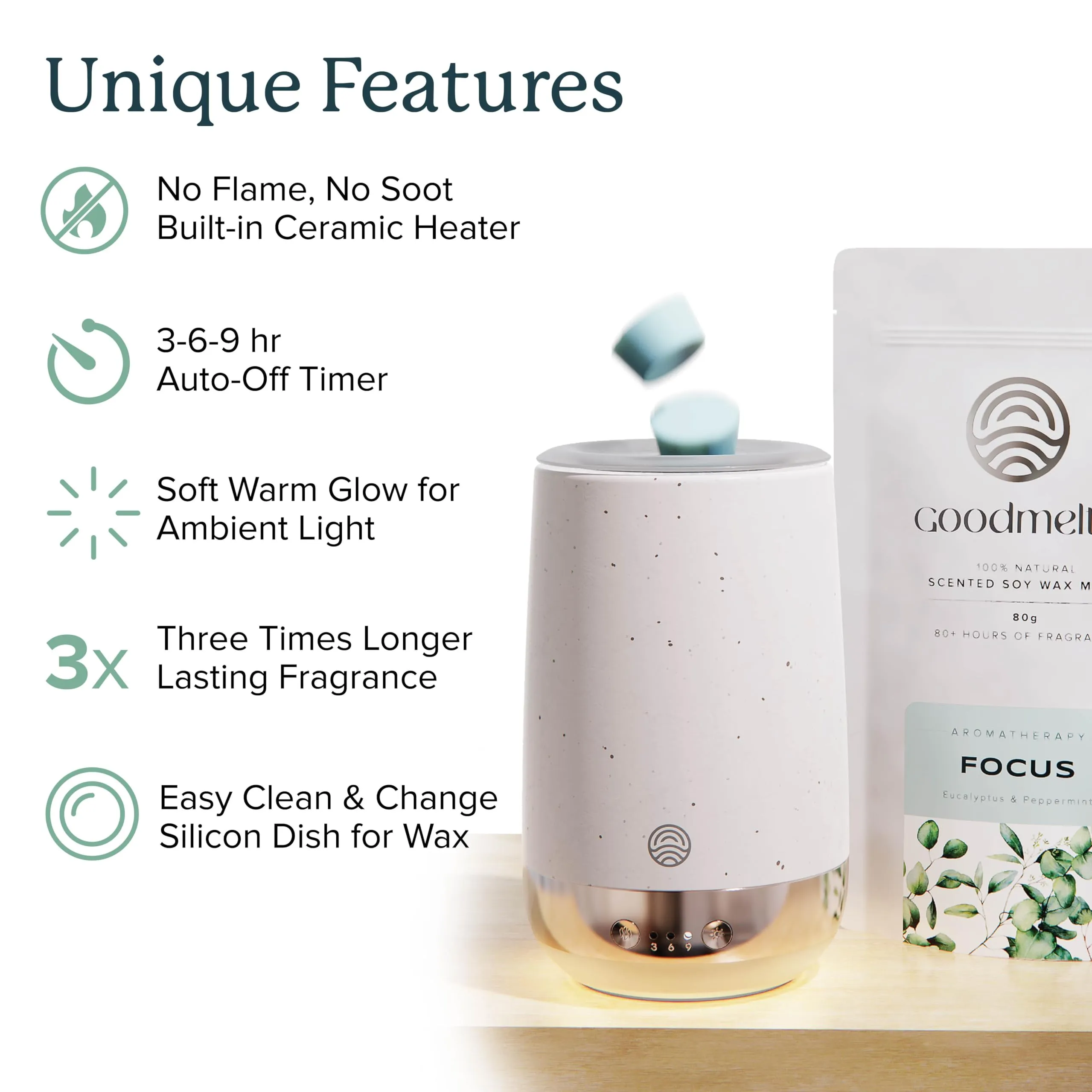 GOODMELTS Speckled White Wax Melting Starter Kit - Ceramic Aroma Diffuser with 1 Wax Warmer & 3 Scented Soy Wax Melts (240  Hours Scent Time) - Safe, Smoke-Free, Natural Fragrance for Home