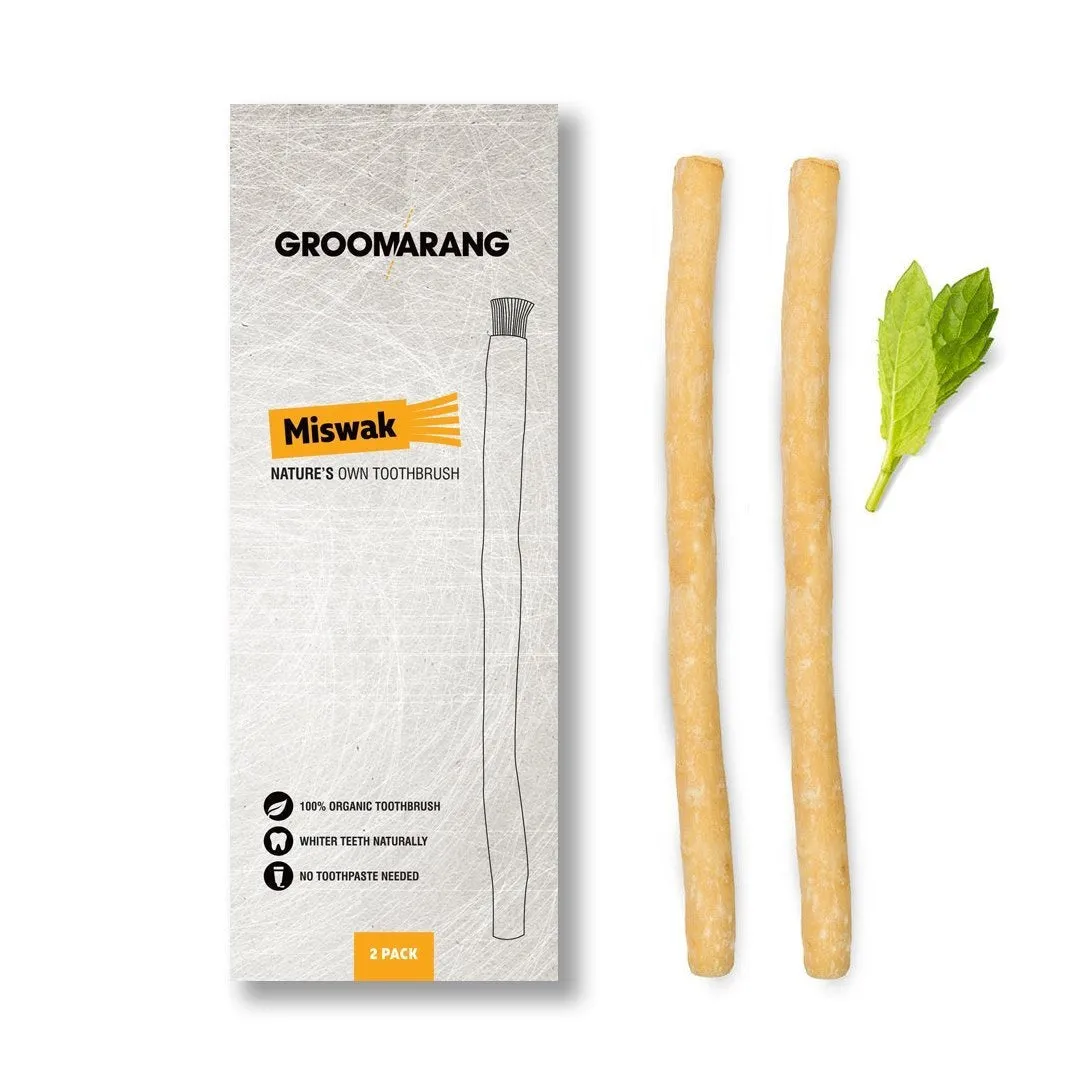 Groomarang Activated Teeth Whitening Charcoal Powder, Bamboo Toothbrush & Miswak Twin Pack