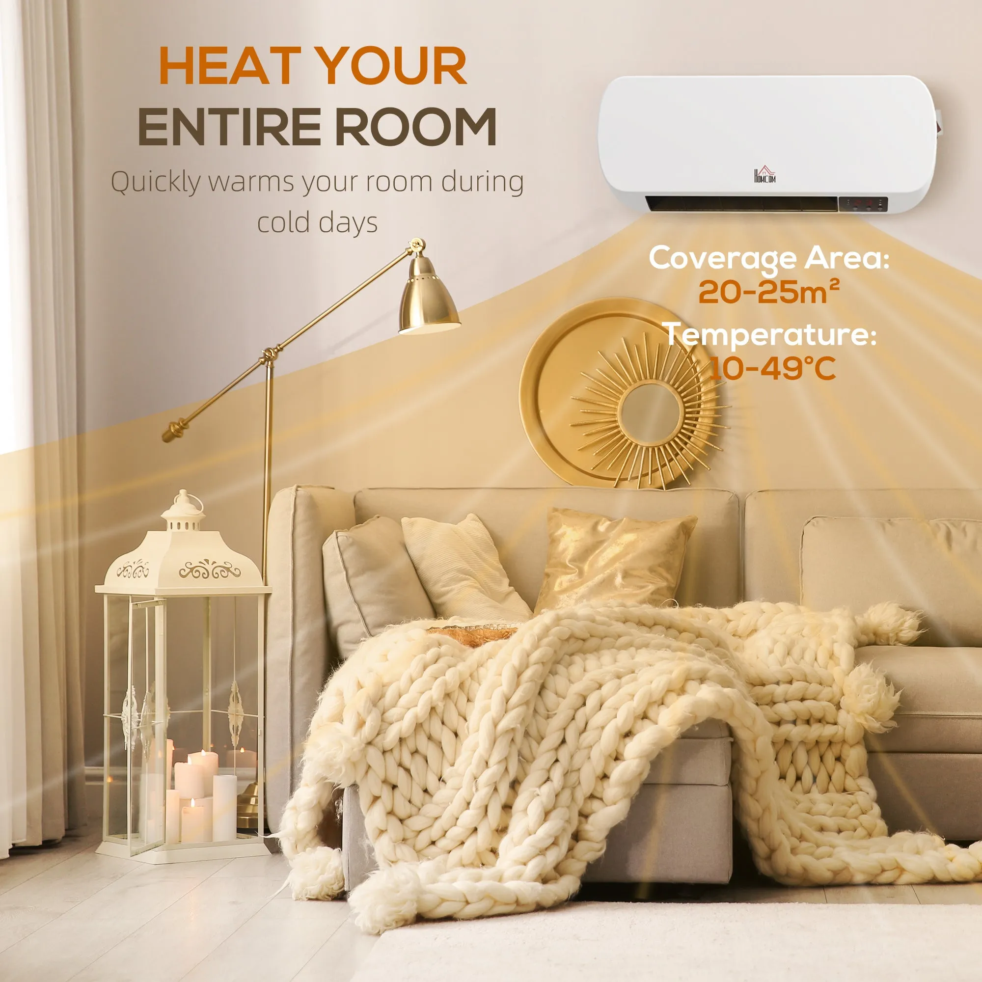 HOMCOM Wall Mounted Electric Heater with Timer Overheat Protection White