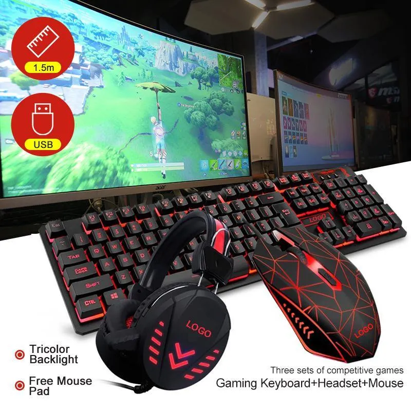 Home Illuminated Wired Backlight Desktop Gamer Gift 4 in 1 Computer Gaming Mouse Keyboard Headset Kits