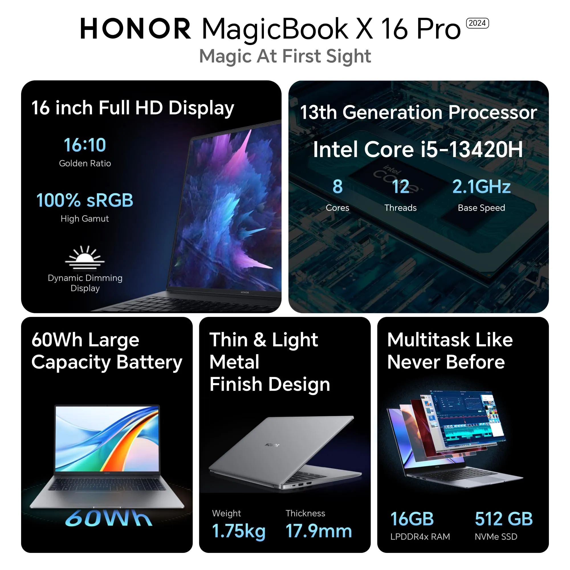 HONOR MagicBook X16 Pro 2024, 13th Gen Intel Core i5-13420H (16GB/512GB NVMe SSD, 16-inch (40.64 cm) FHD IPS Anti-Glare Thin and Light Laptop/Windows 11/Backlit Keyboard/Fingerprint/1.75Kg), Gray