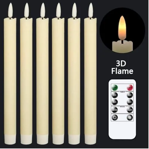 JHEPCOIN 3D Wick, Dripless Real Wax LED Candles with Flameless Taper Candles with Remote and Timer, Flickering Candlesticks Battery Operated, Electric Candles for Home, Wedding, Party, Décor (6Pcs)