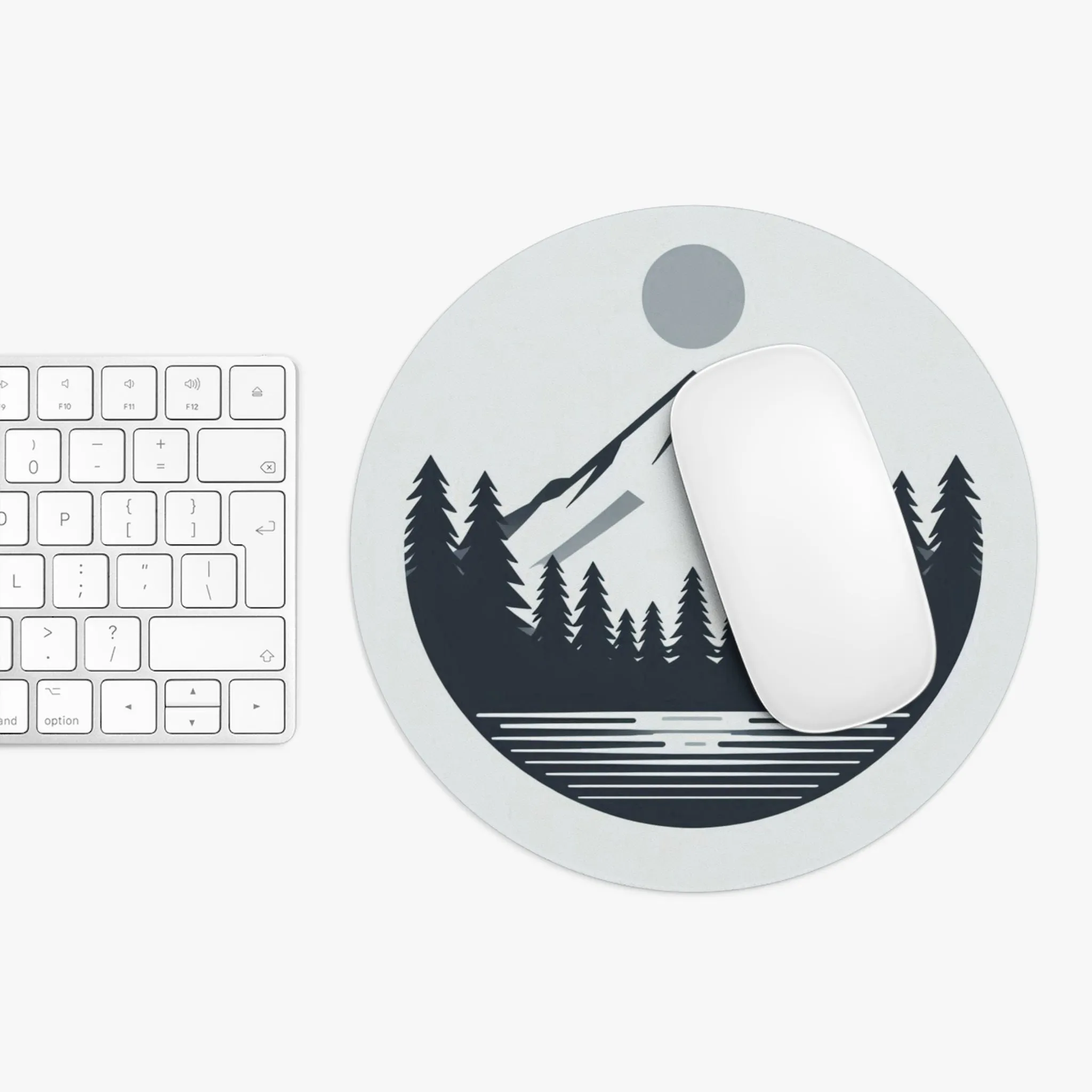 Lake, forest, mountain and moon in a minimal design Mouse Pad