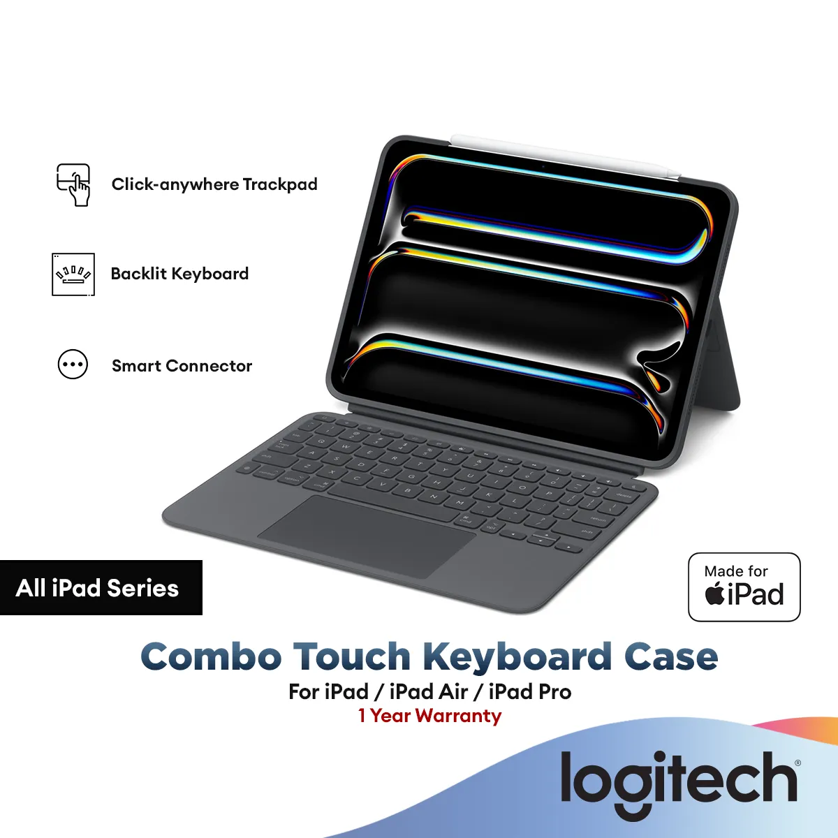 Logitech Combo Touch iPad 10.9", iPad Pro M4 11", iPad Pro 12.9'', iPad Air M2 11"/13" iPad Keyboard Case with Trackpad