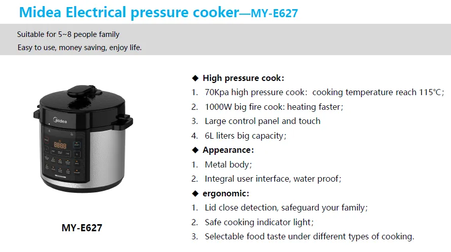 Midea electric pressure cooker MY-CS627, multiple functions, 6 L