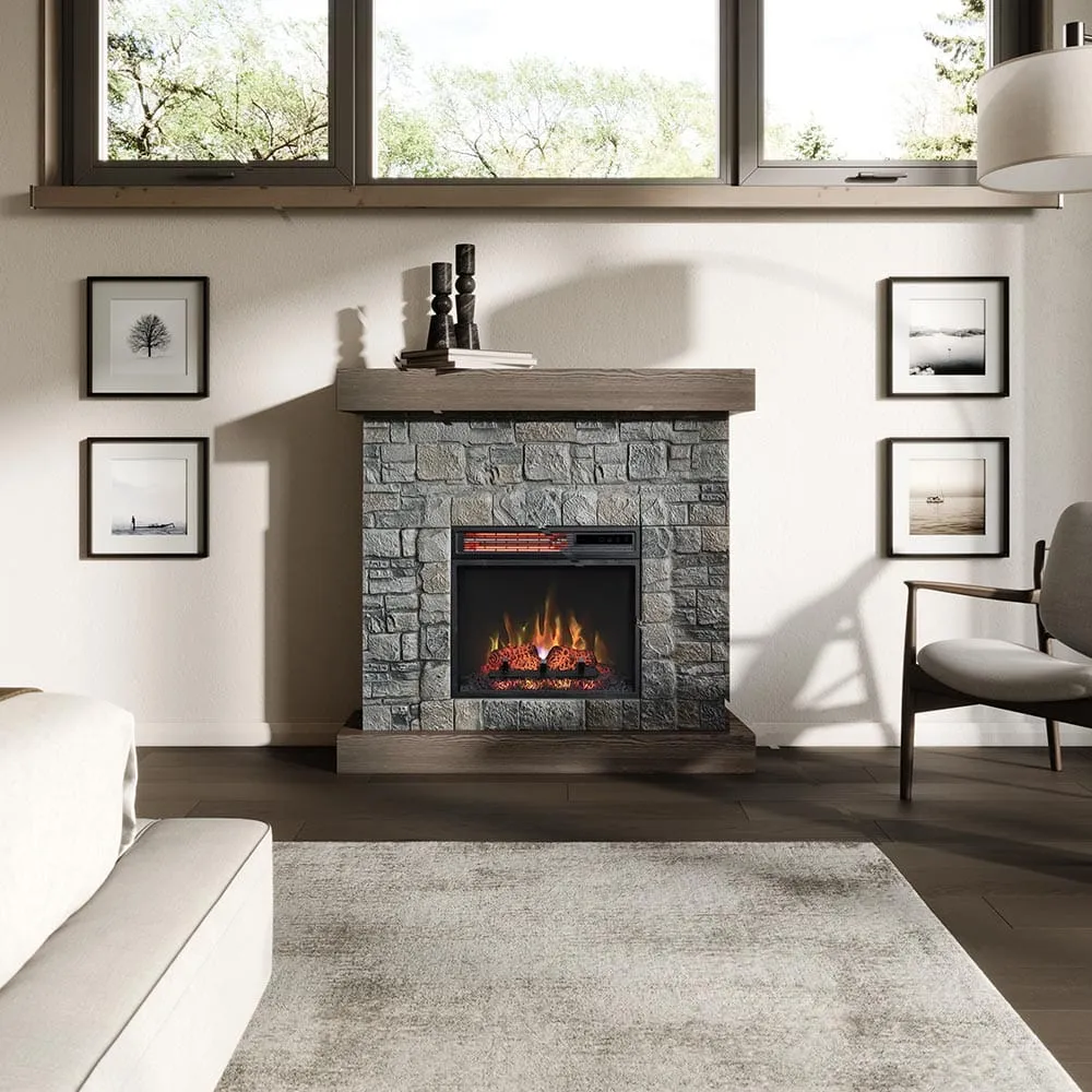 Modern Ember Raeford 40-in Stone Electric Fireplace Mantel Package