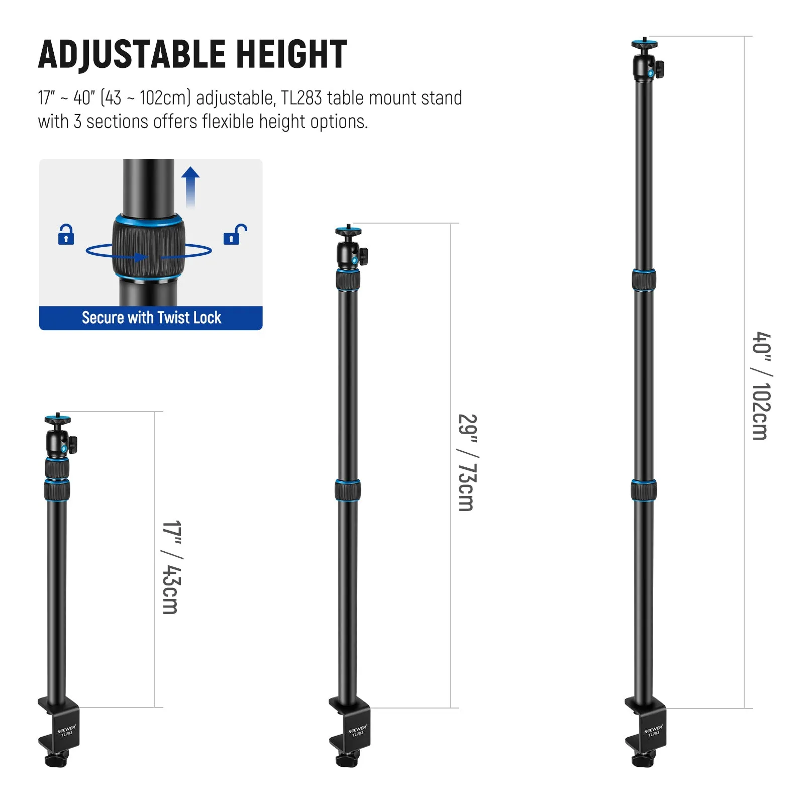 NEEWER TL283 Extendable Camera Desk Mount with Ball Head