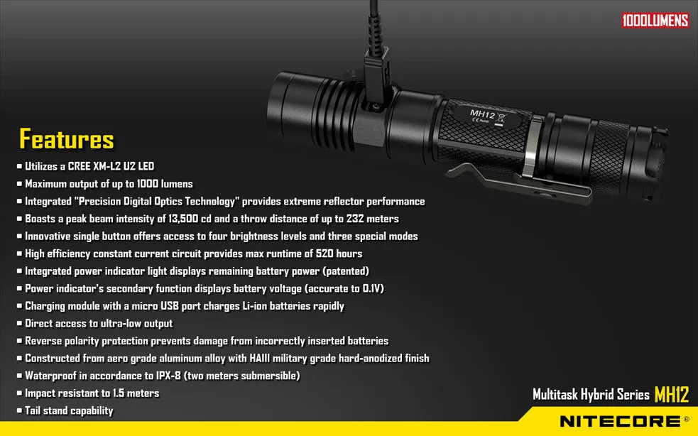 Nitecore MH12 CREE XM-L2 U2 LED Rechargeable Flashlight 1000 Lumens