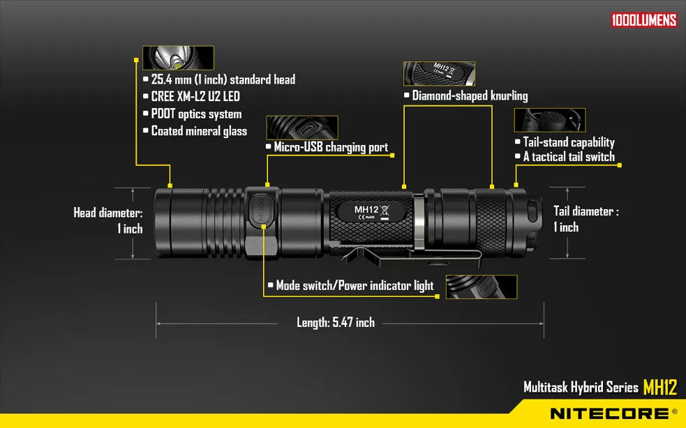 Nitecore MH12 CREE XM-L2 U2 LED Rechargeable Flashlight 1000 Lumens