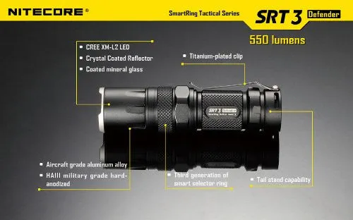 Nitecore SRT3 Defender Cree XM-L2 LED 550 Lumen Flashlight-Black