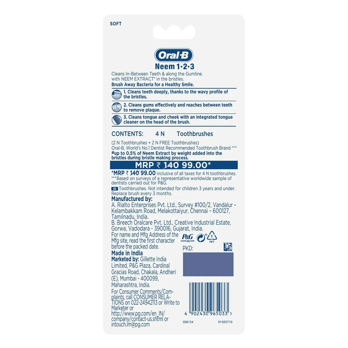 Oral-B 123 Toothbrush With Neem Extract - Soft (BUY 2 GET 2 Free)