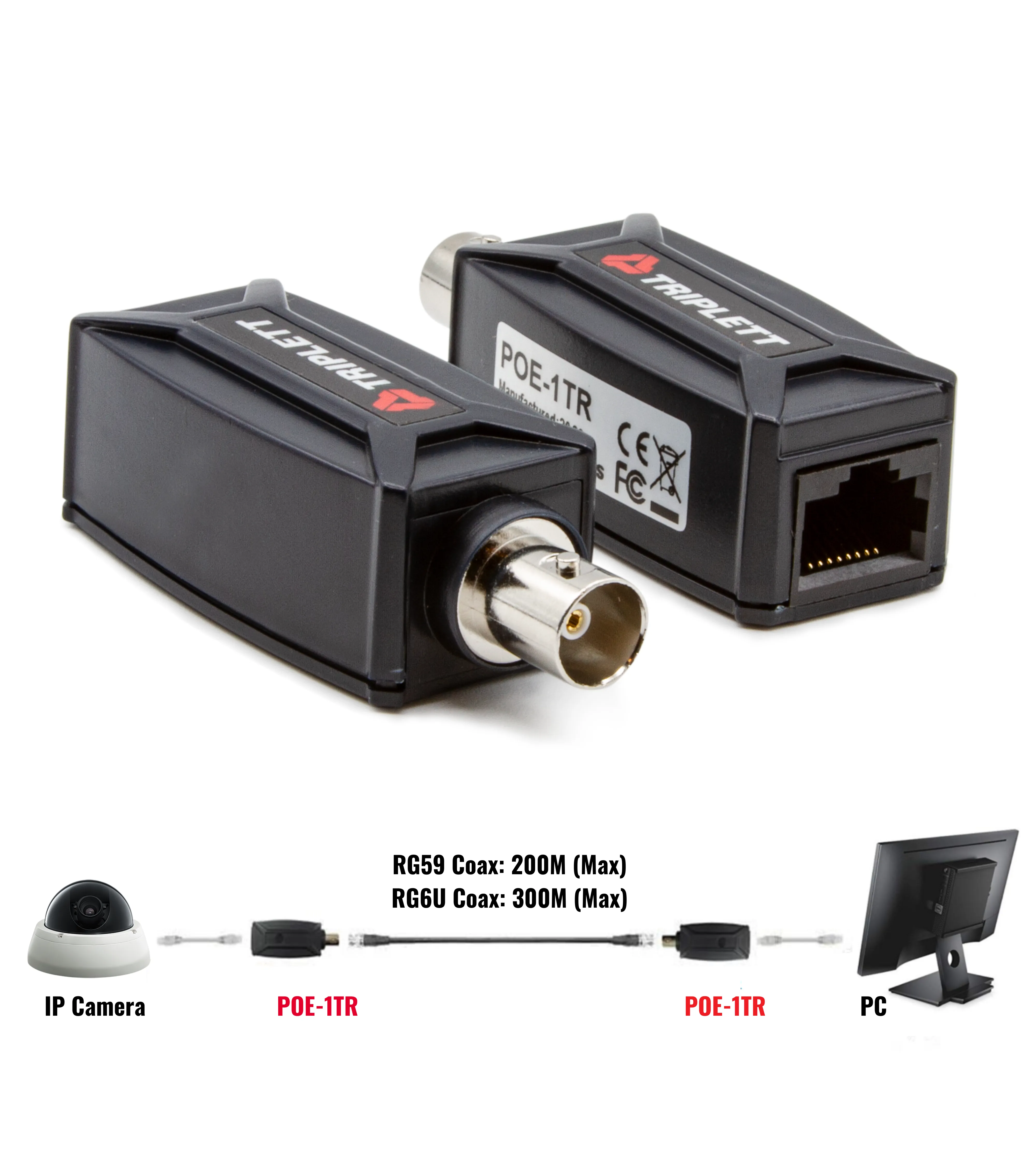 Passive IP Extender Over Coax: Use Coax Cable to Send IP Camera Signal, Transmission Up to 984' - Pair - (POE-1TR)