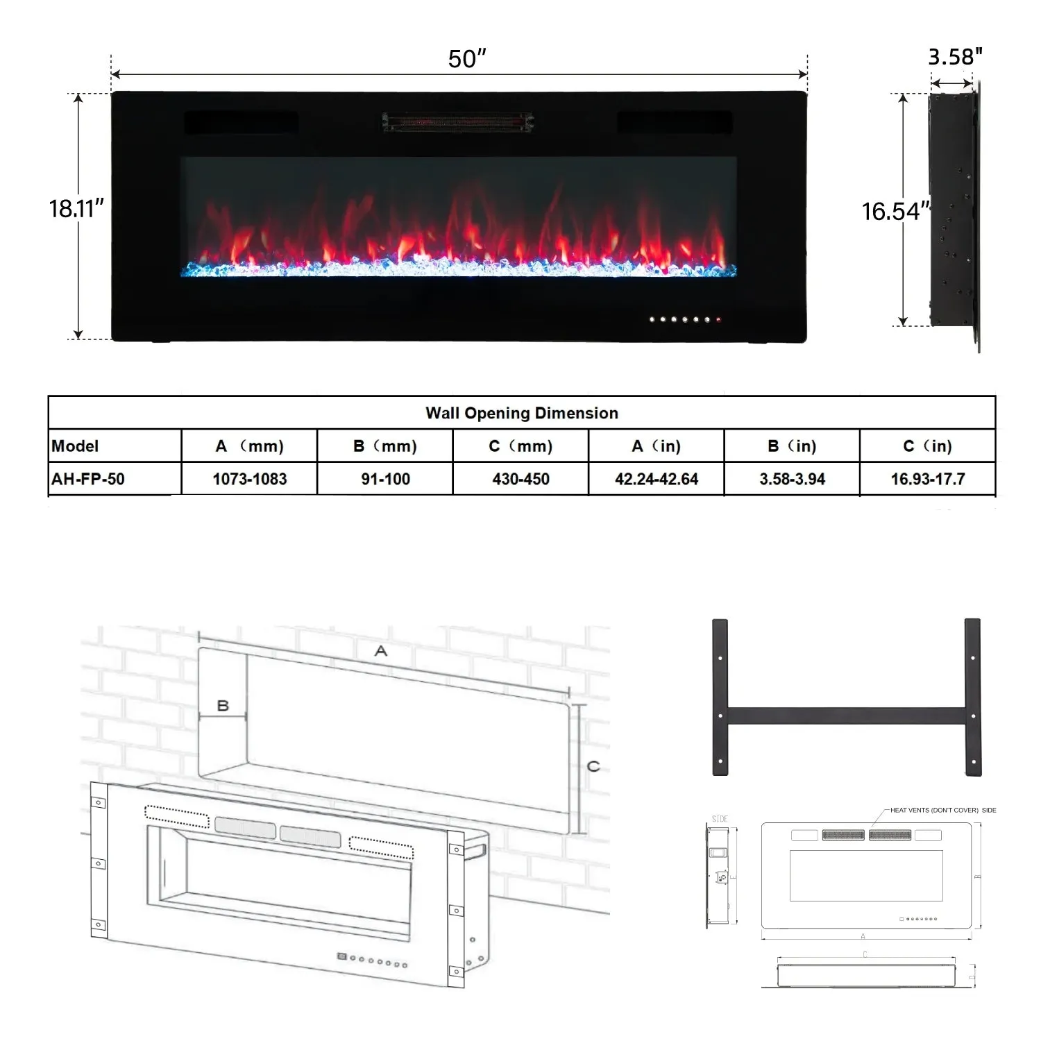 PHI VILLA 50" Upgraded Insert Wall Mounted Electric Fireplace, 750/1500W