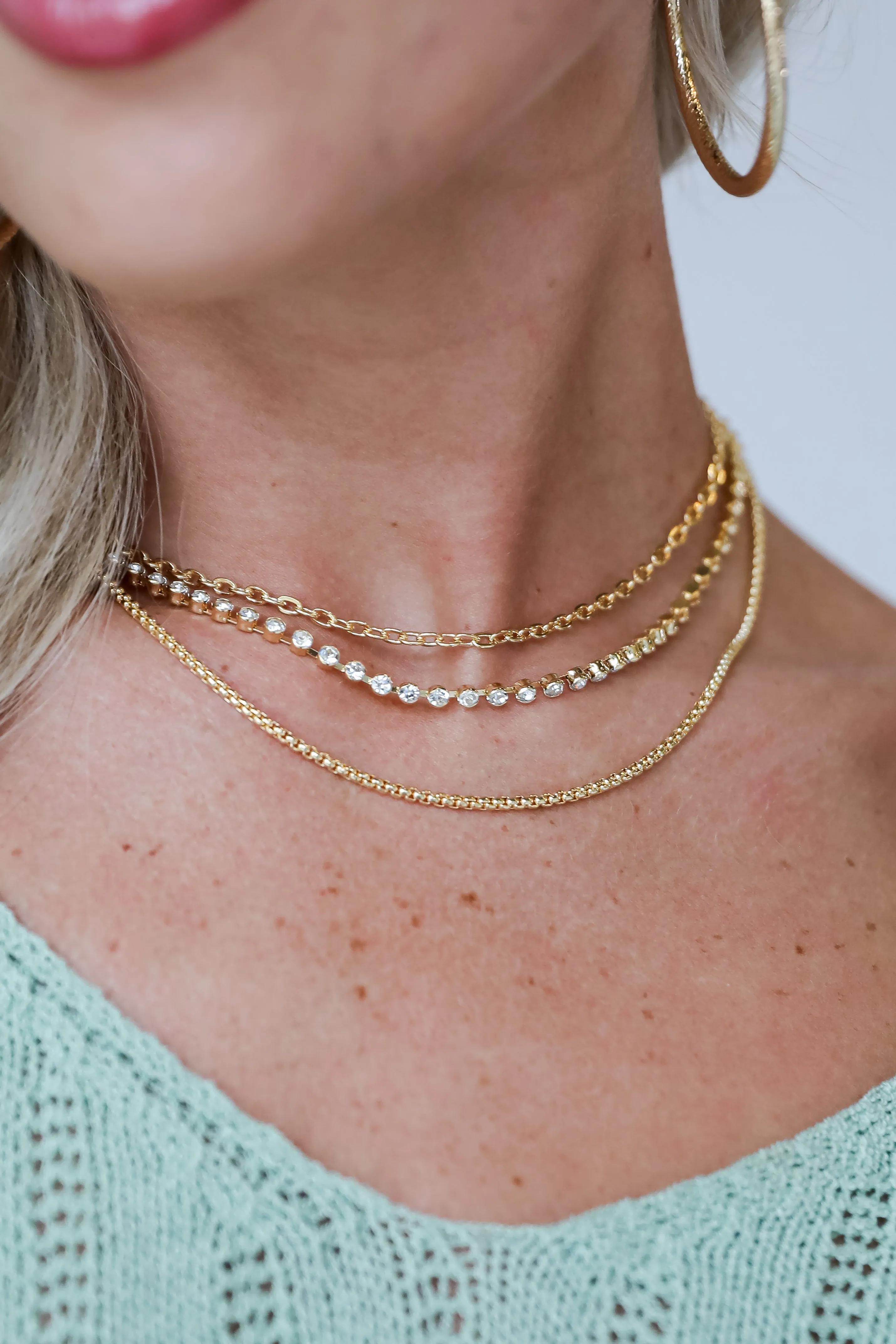 Quinn Gold Rhinestone Layered Chain Necklace