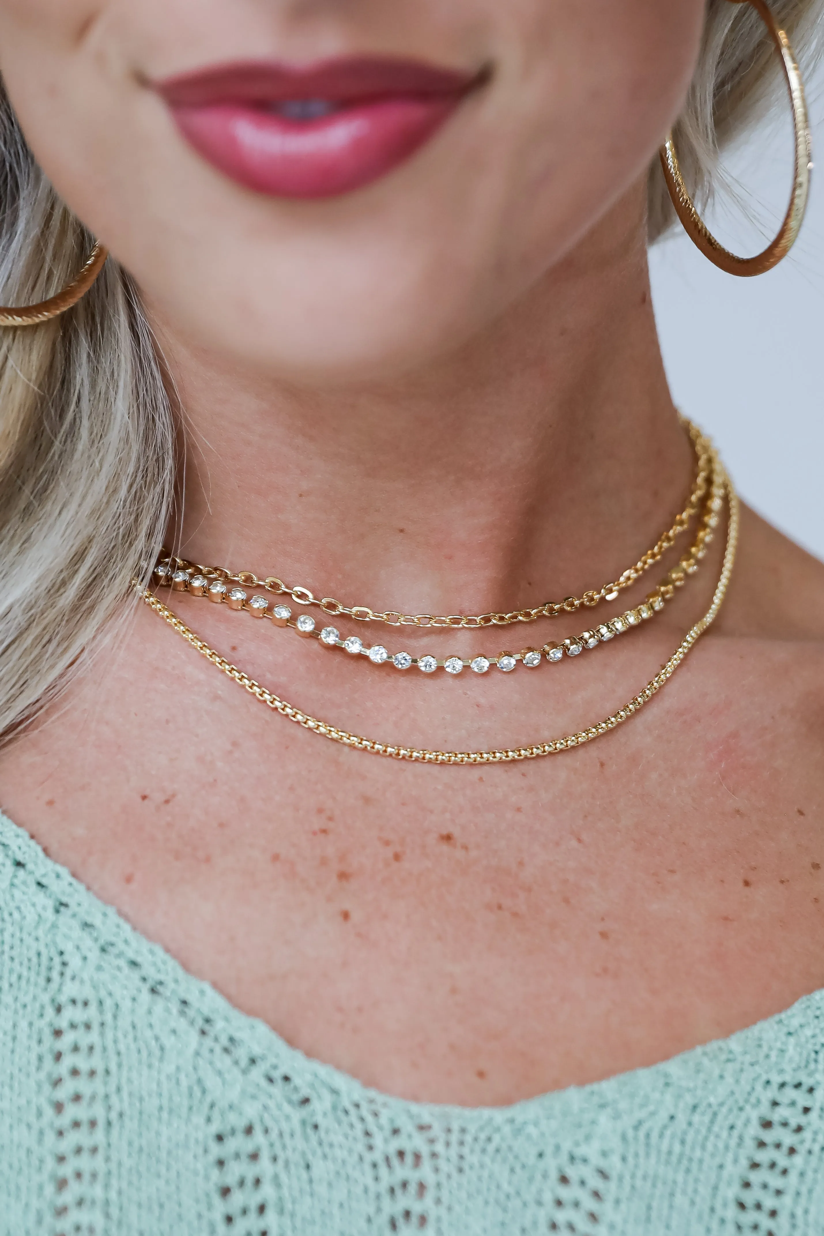 Quinn Gold Rhinestone Layered Chain Necklace