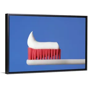 "Close-up of toothpaste on a toothbrush" Black Float Frame Canvas Art - Multi