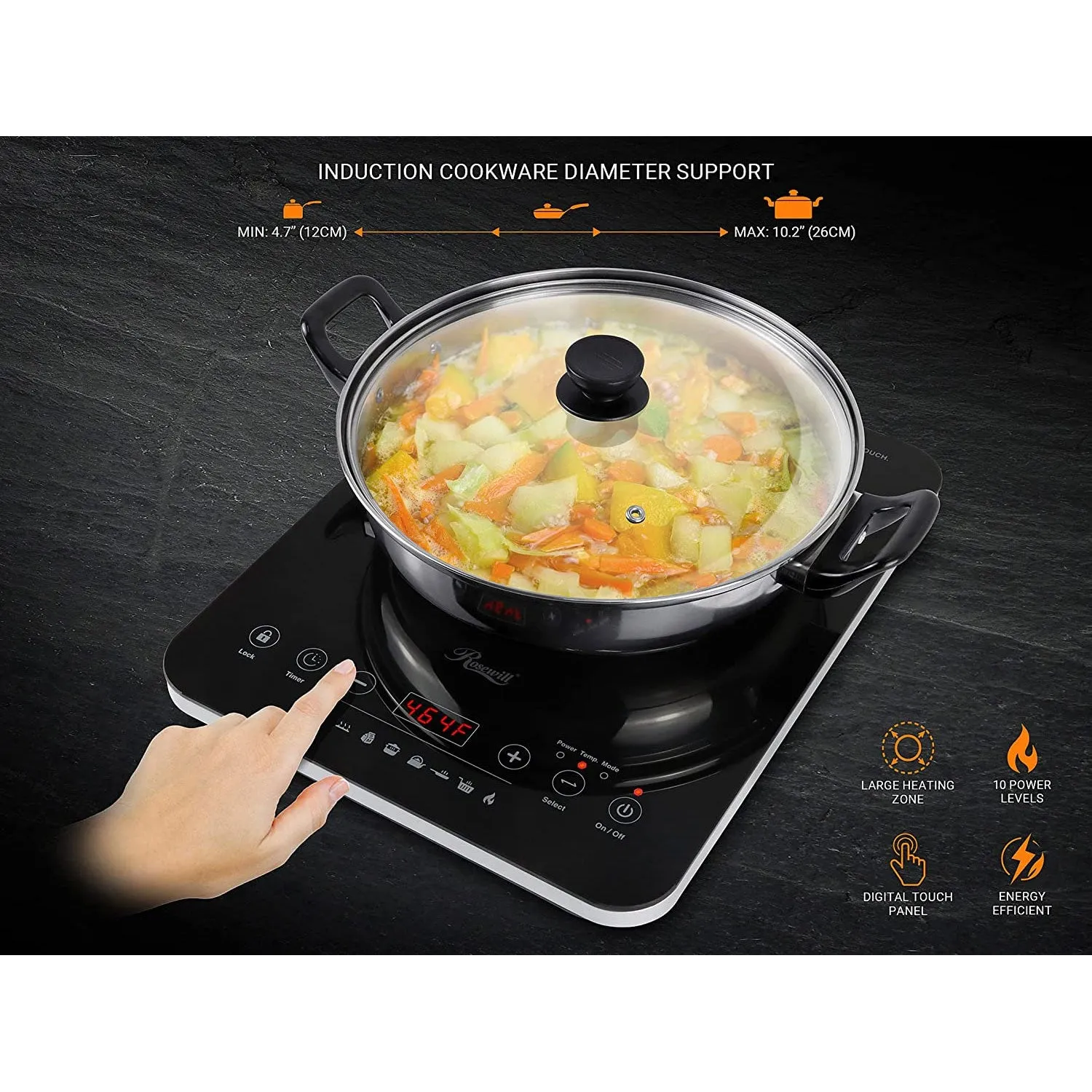 Rosewill Portable Induction Cooktop Burner, 1800W, 8 Cooking Modes, 10 Power/Temp Levels, Touch Panel, LED Display, Timer, Auto Shut-Off, Child Safety Lock, Includes Stainless Steel Pot - (RHAI-21001)