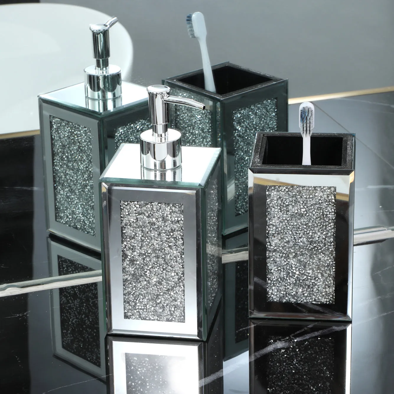 Square Soap Dispenser and Toothbrush Holder in Gift Box, Silver Crushed Diamond Glass