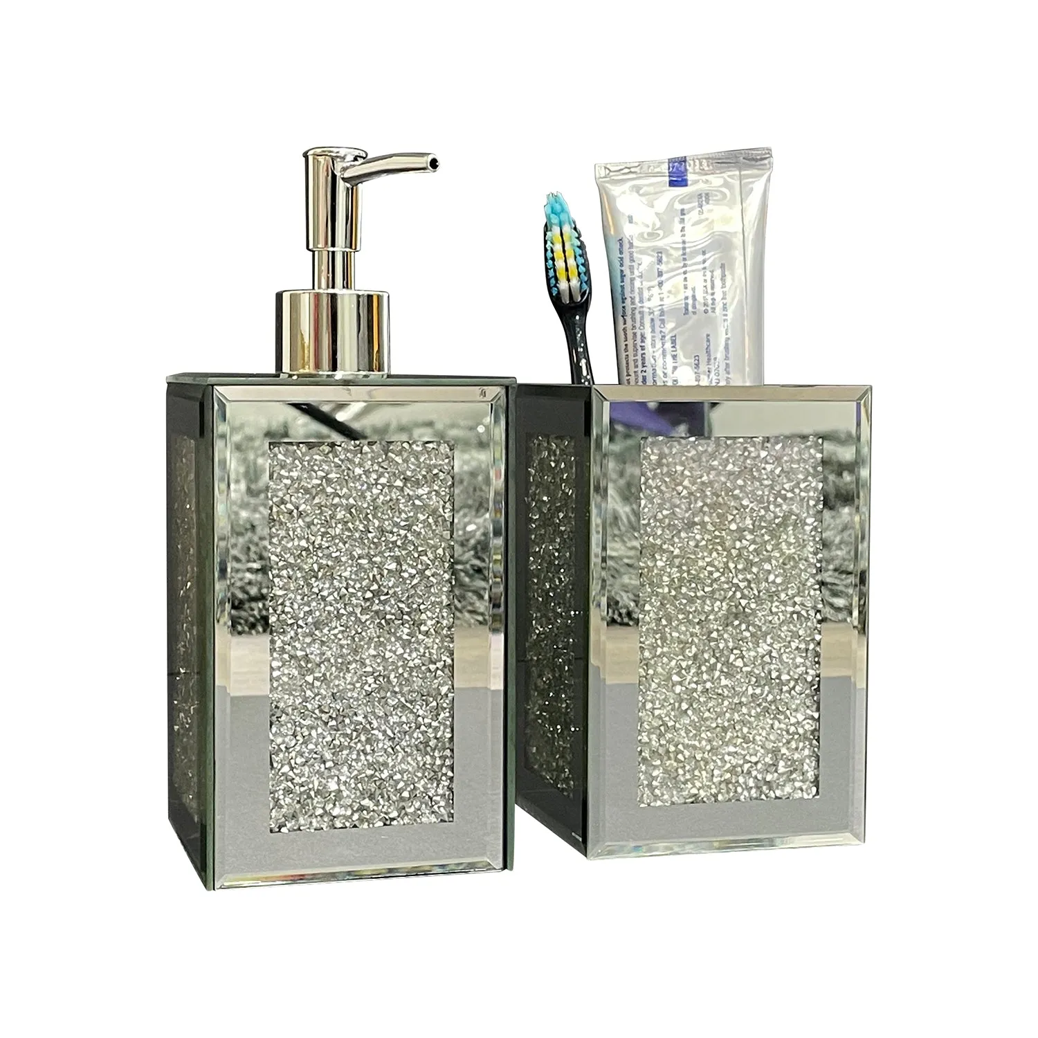 Square Soap Dispenser and Toothbrush Holder in Gift Box, Silver Crushed Diamond Glass