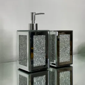 Square Soap Dispenser and Toothbrush Holder in Gift Box, Silver Crushed Diamond Glass