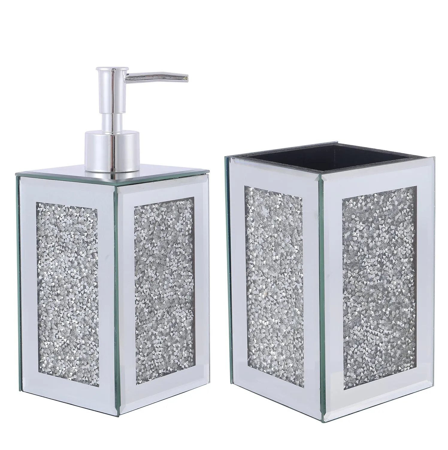 Square Soap Dispenser and Toothbrush Holder in Gift Box, Silver Crushed Diamond Glass