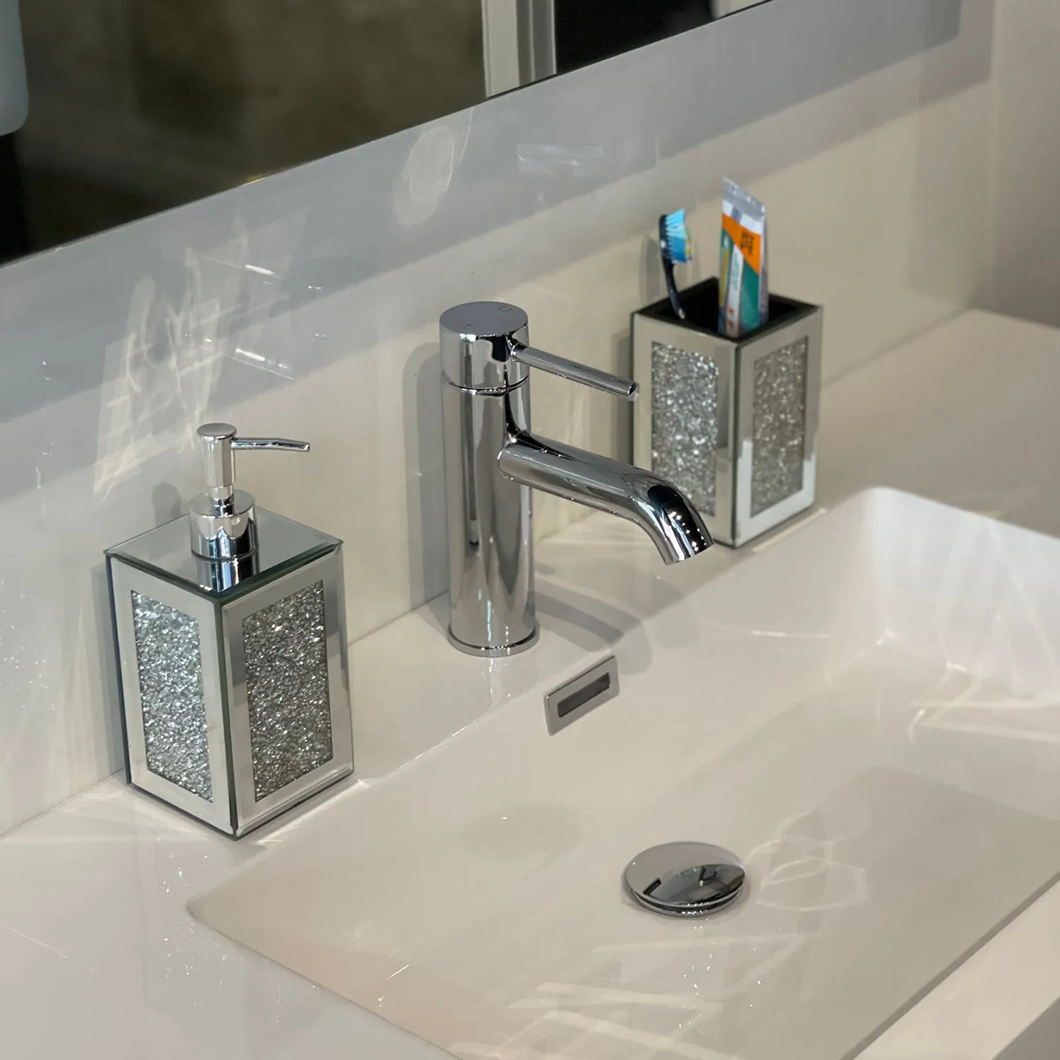 Square Soap Dispenser and Toothbrush Holder in Gift Box, Silver Crushed Diamond Glass