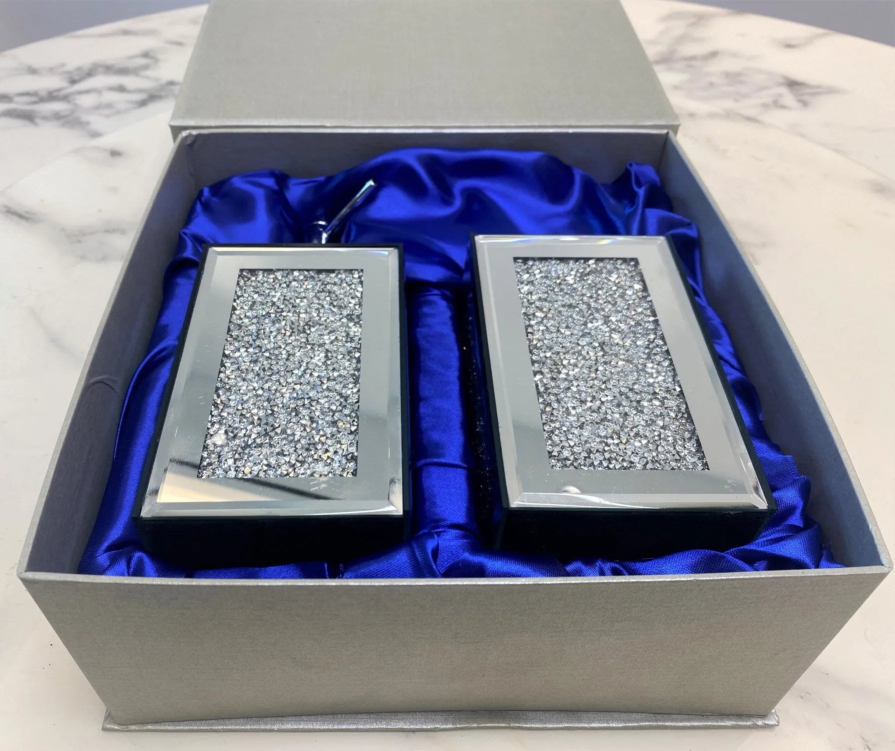 Square Soap Dispenser and Toothbrush Holder in Gift Box, Silver Crushed Diamond Glass