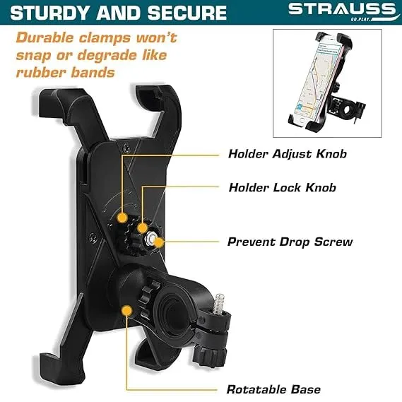 STRAUSS Bike Mobile Holder - Adjustable 360° Rotation Bicycle Phone Mount | Anti Shake and Stable Cradle Clamp | Bike Accessories | Bike Phone Holder for Maps and GPS Navigation (Black) | Pack of 4