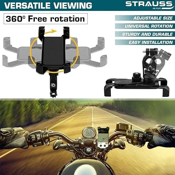 STRAUSS Bike Mobile Holder - Adjustable 360° Rotation Bicycle Phone Mount | Anti Shake and Stable Cradle Clamp | Bike Accessories | Bike Phone Holder for Maps and GPS Navigation (Black) | Pack of 4