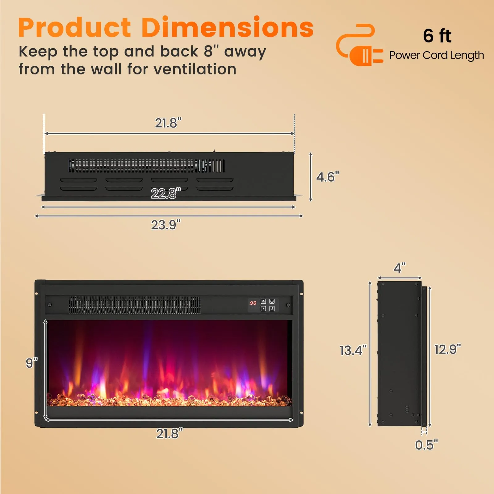 Tangkula 23” Electric Fireplace Insert, Recessed 1500W Fireplace Heater with Remote Control, Overheat Protection