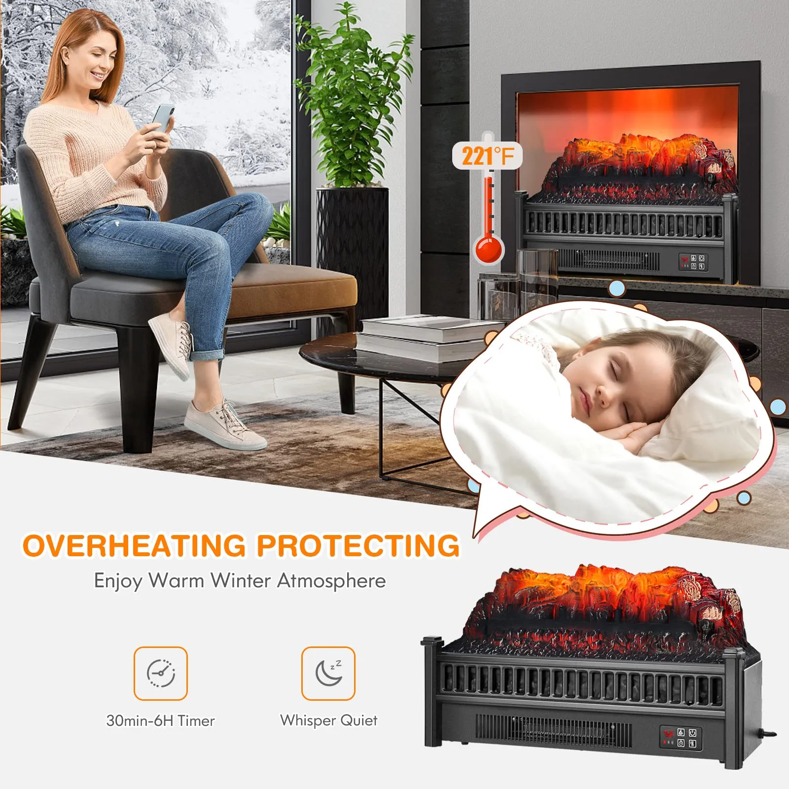 Tangkula 23" Electric Fireplace Log Heater, 1400 W Freestanding Electric Fireplace Stove Insert