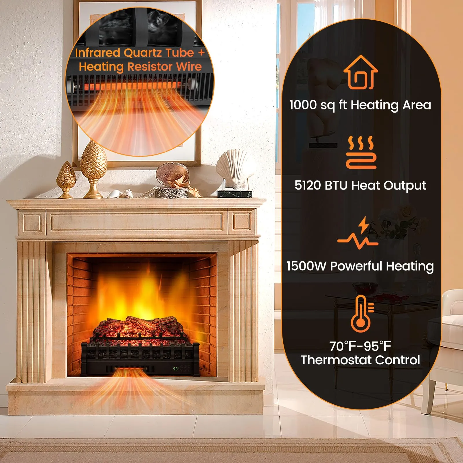 Tangkula 26" Infrared Quartz Electric Fireplace Log Heater with Realistic Pinewood Ember Bed