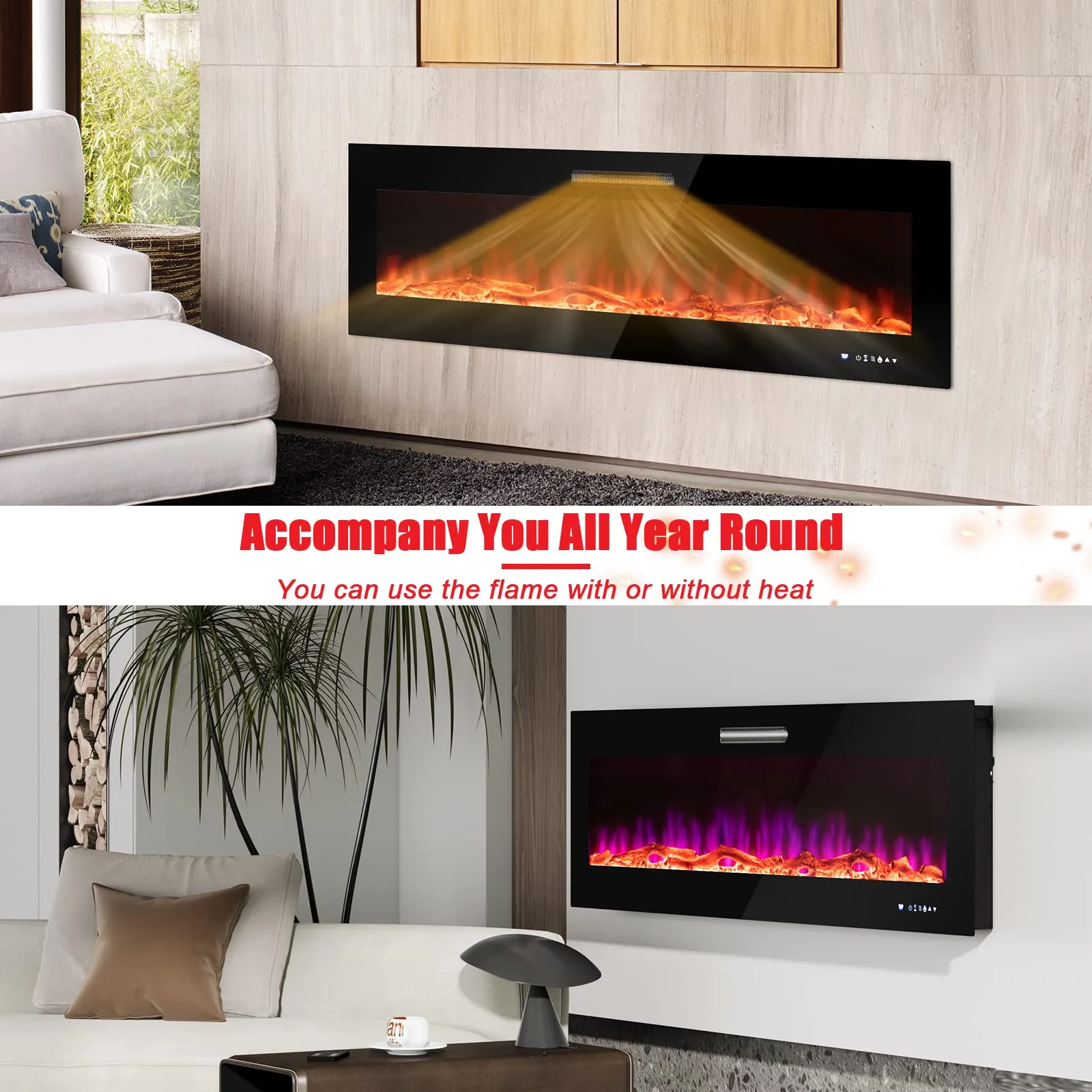 Tangkula 50 Inches Electric Fireplace Insert, Reccessed and Wall Mounted 5,000 BTU Electric Fire Place,with 2 Heat Settings