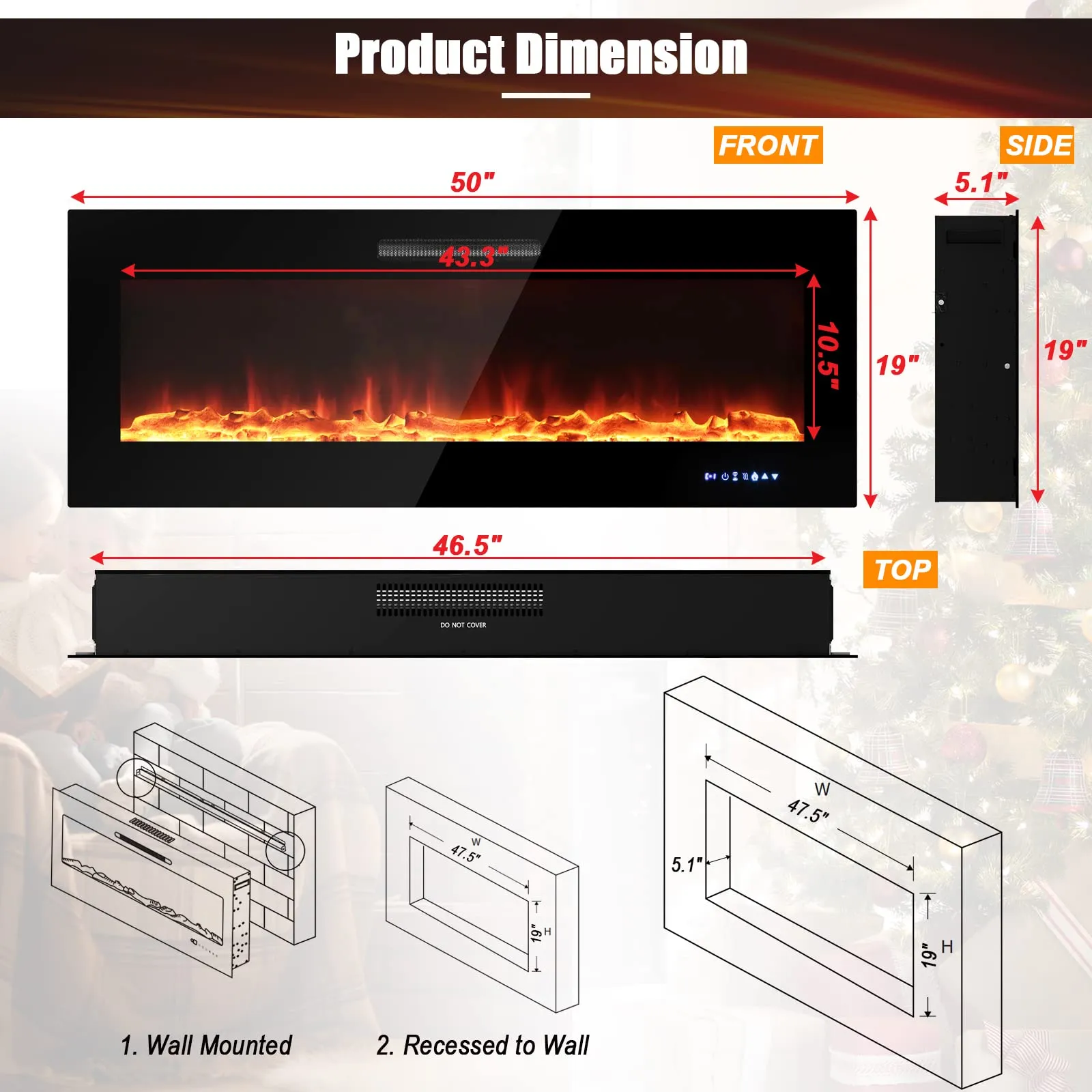 Tangkula 50 Inches Electric Fireplace Insert, Reccessed and Wall Mounted 5,000 BTU Electric Fire Place,with 2 Heat Settings