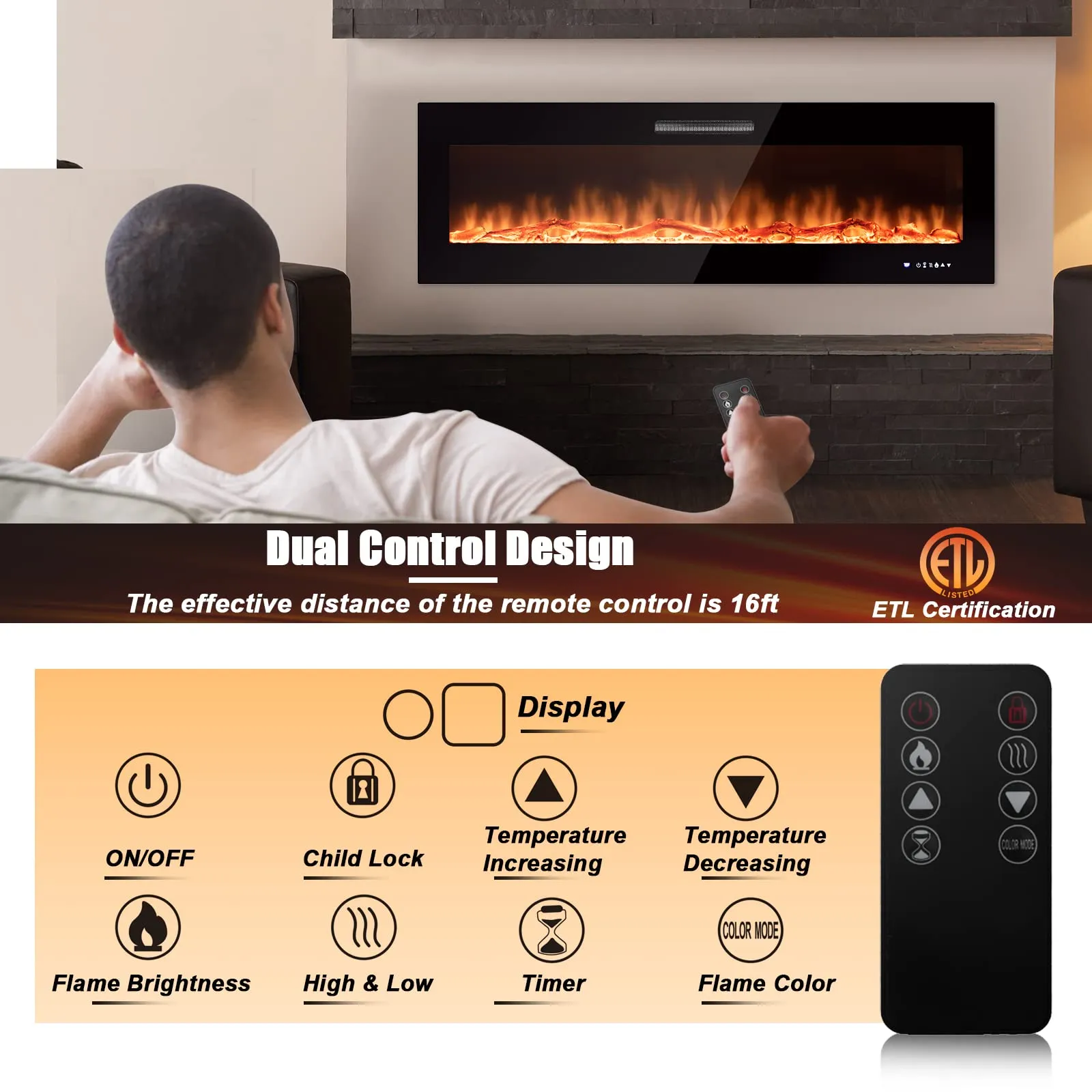 Tangkula 50 Inches Electric Fireplace Insert, Reccessed and Wall Mounted 5,000 BTU Electric Fire Place,with 2 Heat Settings