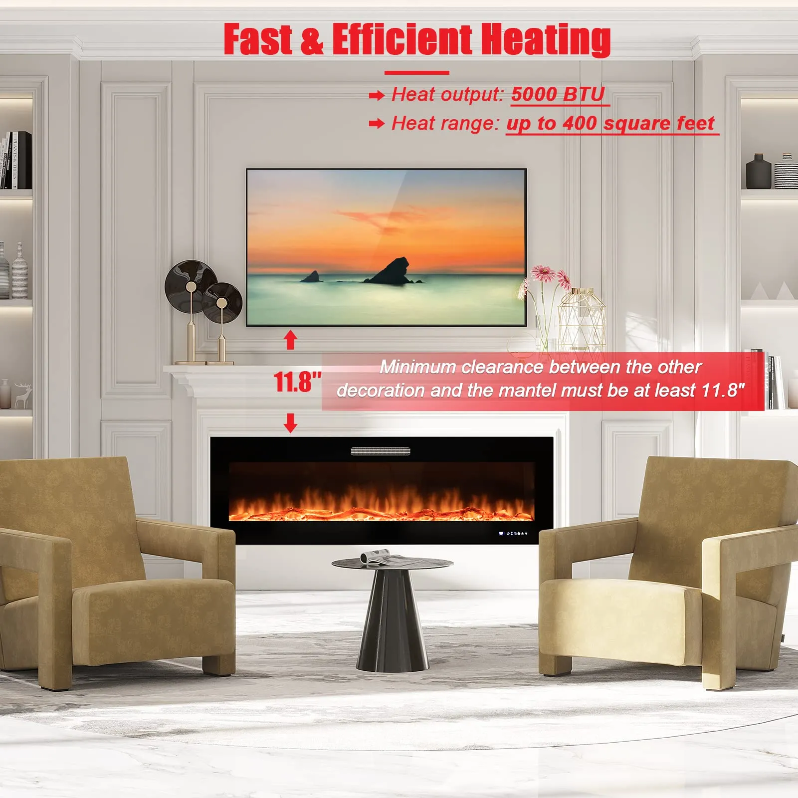 Tangkula 50 Inches Electric Fireplace Insert, Reccessed and Wall Mounted 5,000 BTU Electric Fire Place,with 2 Heat Settings