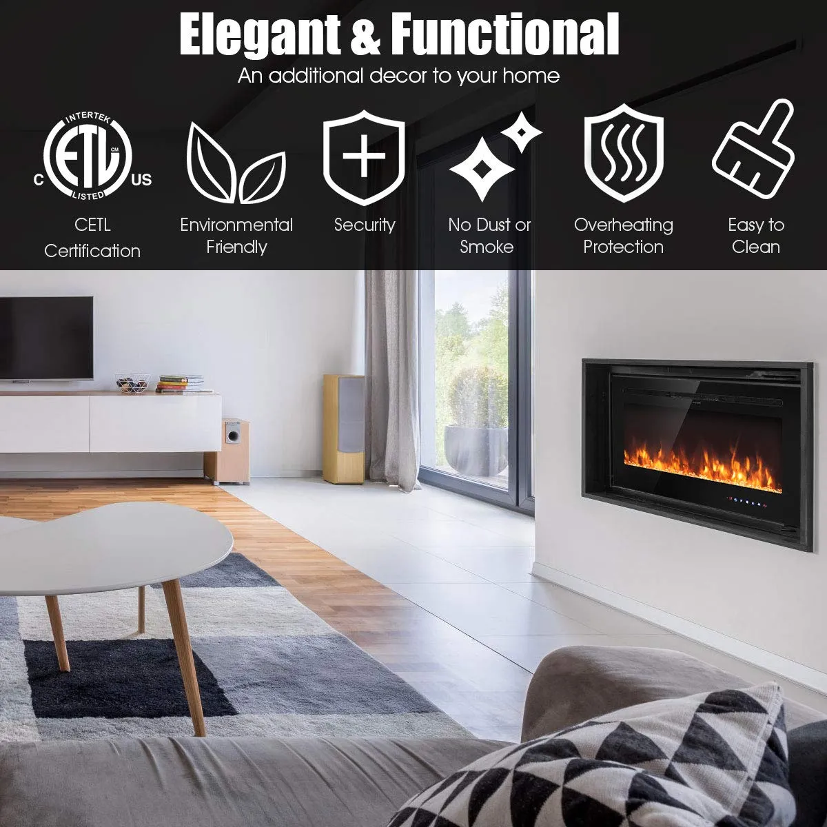 Tangkula Electric Fireplace, in-Wall Recessed and Wall Mounted Fireplace Heater