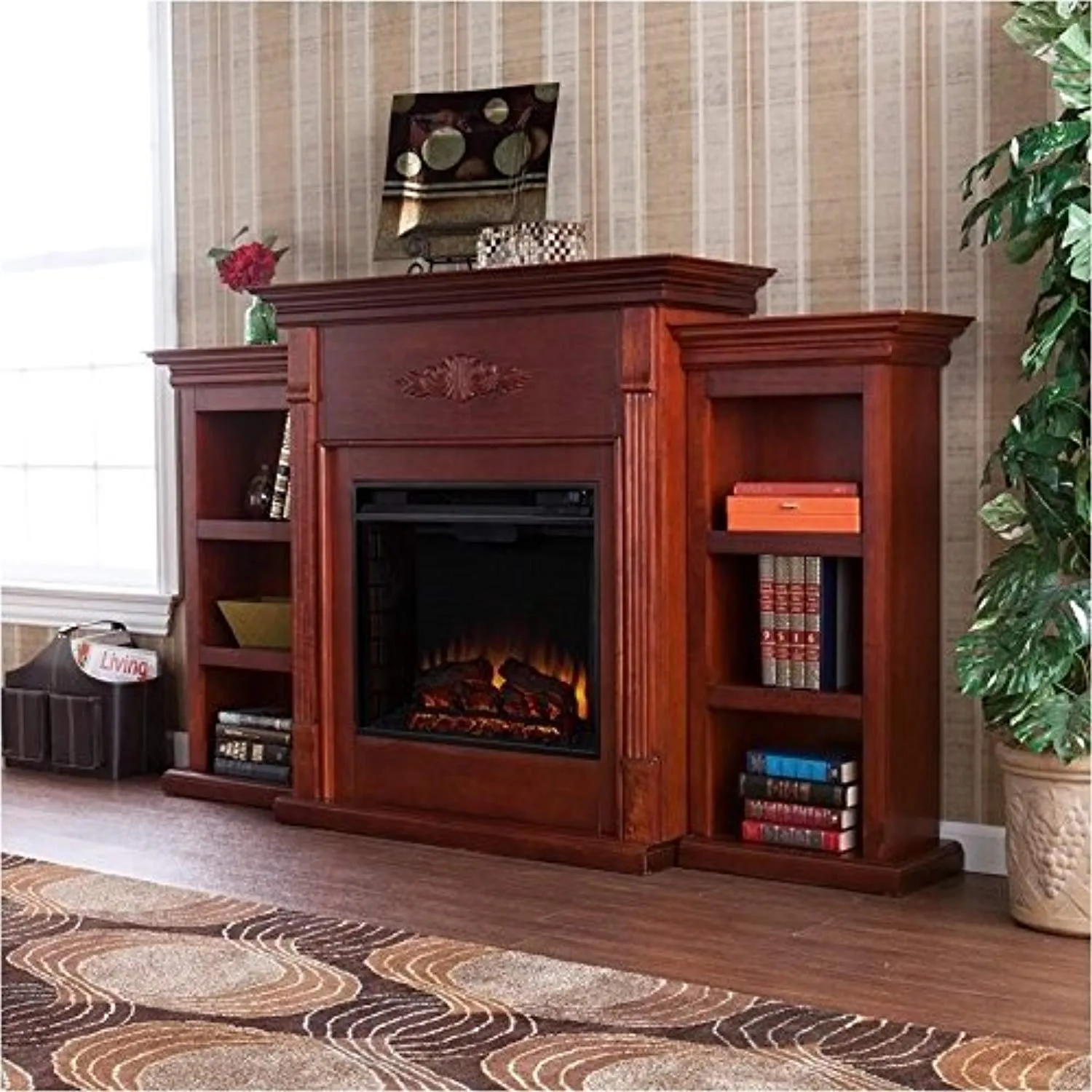 Tennyson Electric Fireplace with Bookcase, Classic Mahogany Finish