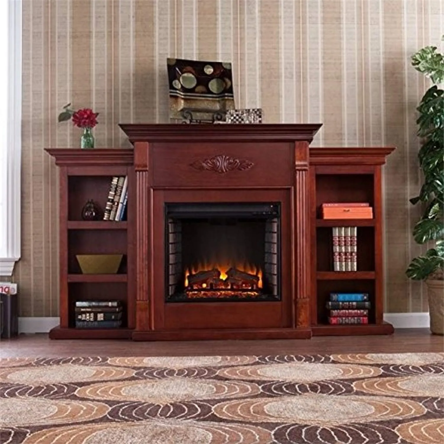 Tennyson Electric Fireplace with Bookcase, Classic Mahogany Finish