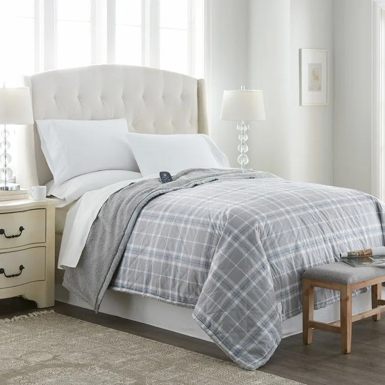 The Modern Micro Flannel Reverse to Sherpa Electric Blanket - Full/Carlton Plaid Gray