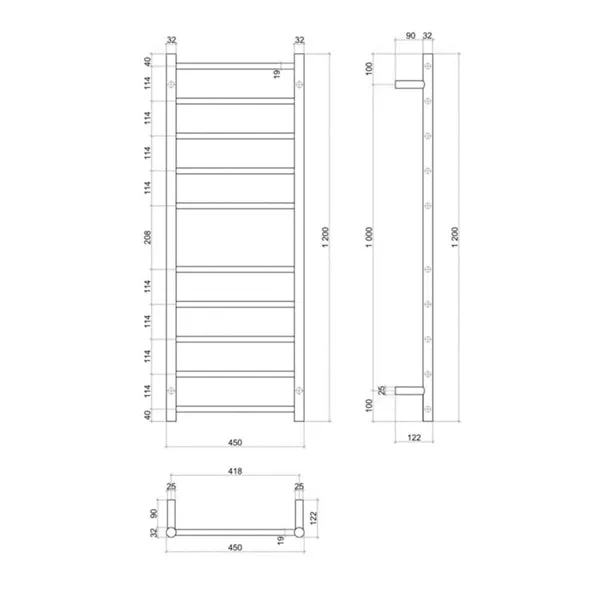 Thermogroup 10 Bar Thermorail Matte Black Straight Round Heated Towel Ladder 450mm