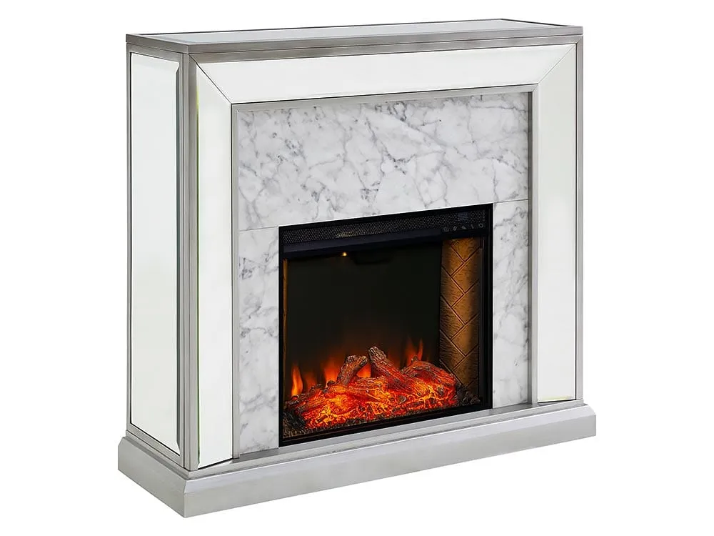 Trandling Mirrored Electric Fireplace Mantel Package in Antique Silver w/ Smart Firebox